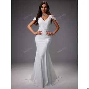Bridal White Decoration Embroidered Gorgeous Elegant Dress With Waist Wedding