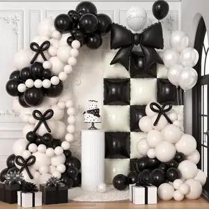 187PCS Black & White Bow Balloon Arch Kit Checkered Foil & Pearl White Balloons for Birthday & Wedding