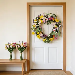 Faux Tulip and Lavender Wreath & Bouquets Set, Lifelike Artificial Floral Wreath with Rattan Base, 2 Matching Silk Tulip and Lavender Bouquets, Farmhouse Spring Front Door Wall Home Decor