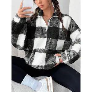 Women's Plaid Print Half Zip Drop Shoulder? Fleece? Women’s casual stand-collar pullover sweatshirt with long sleeves for spring and fall, suitable for daily wear