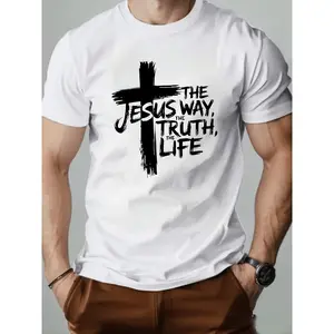 Men’s Faith Graphic T-Shirt, “The Way The Truth The Life” Cross Print Tee, Casual Short Sleeve Christian Style Shirt, Soft Breathable Everyday Top for Streetwear, Church, Daily Outfit, Unisex Fit