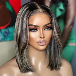 Light Blonde Highlights with Natural Black Colored 180 Density Bob Wig Human Hair 13x4 Lace Frontal Wig for Women Pre Plucked Straight Human Hair Wig