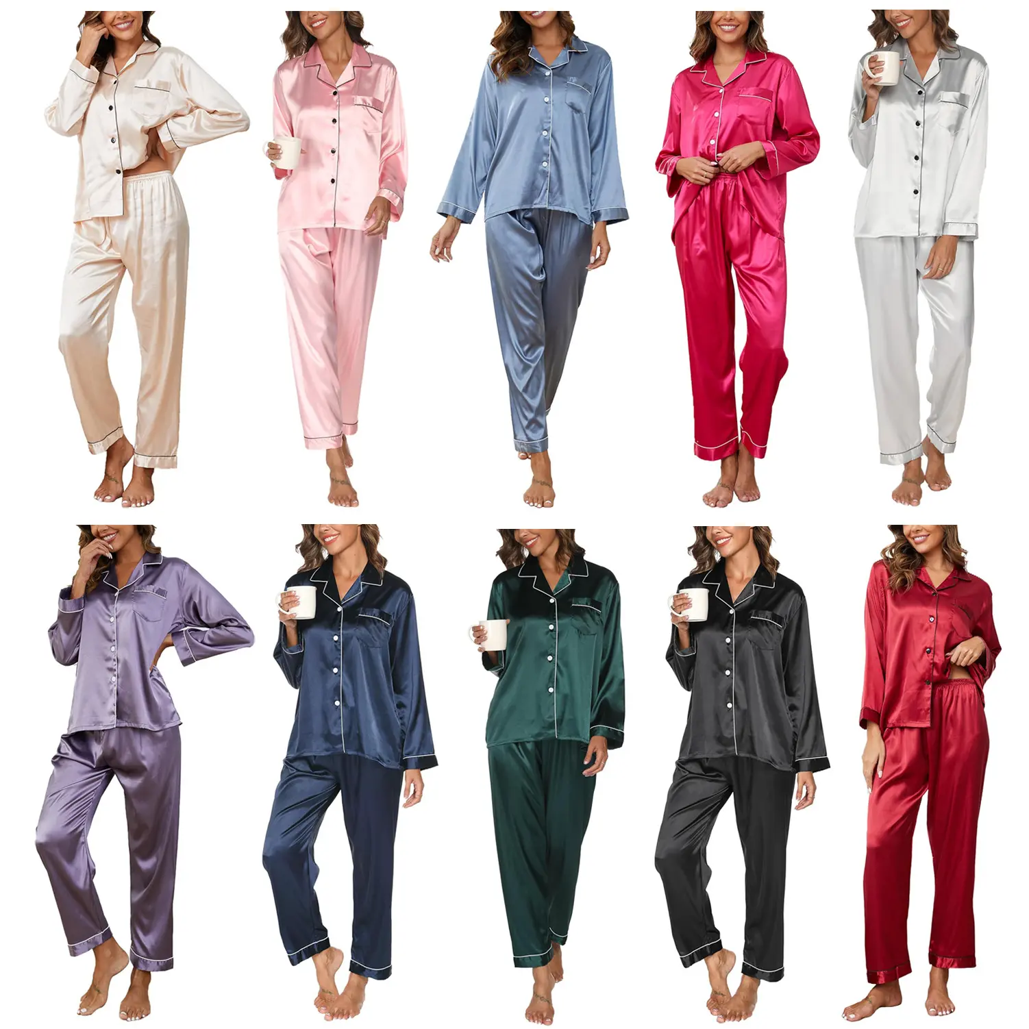 Women's Soft Satin 2-Piece Pajama Set - Long Sleeve Button Closure Top, Comfortable Pants, Stylish Lady's Pj Set, Loungewear Pyjamas for Sleep