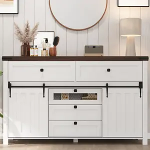 GARVEE Farmhouse Buffet Cabinet: A Versatile Kitchen Sideboard with Sliding Barn Doors, 5 Drawers, and Wooden Storage. Ideal for Coffee Bar Station in Kitchen, Living, or Dining Room, White Finish