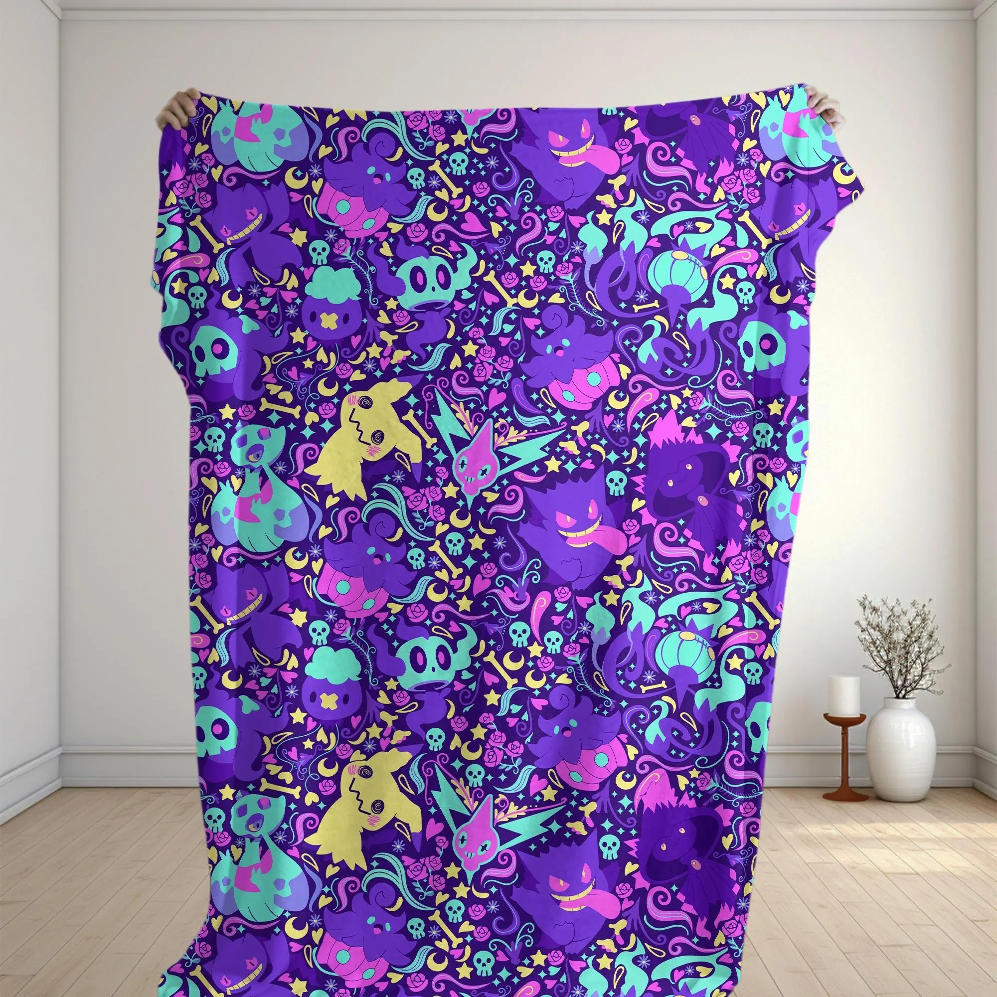 Gengar Mimikyu Fleece Blanket Cute Ghost Cozy Throw Blanket Funny Family Baby Blanket Halloween Home Decor Gengar Blanket Gifts