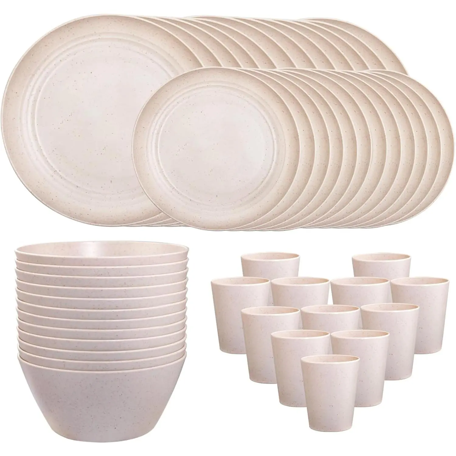 48 count Beige Plastic Wheat Straw Dnerware Set -  Plates and Bowls Sets, Unbreakable Plates Dishes Bowl Cup Outdoor Camper Dish Set for 12