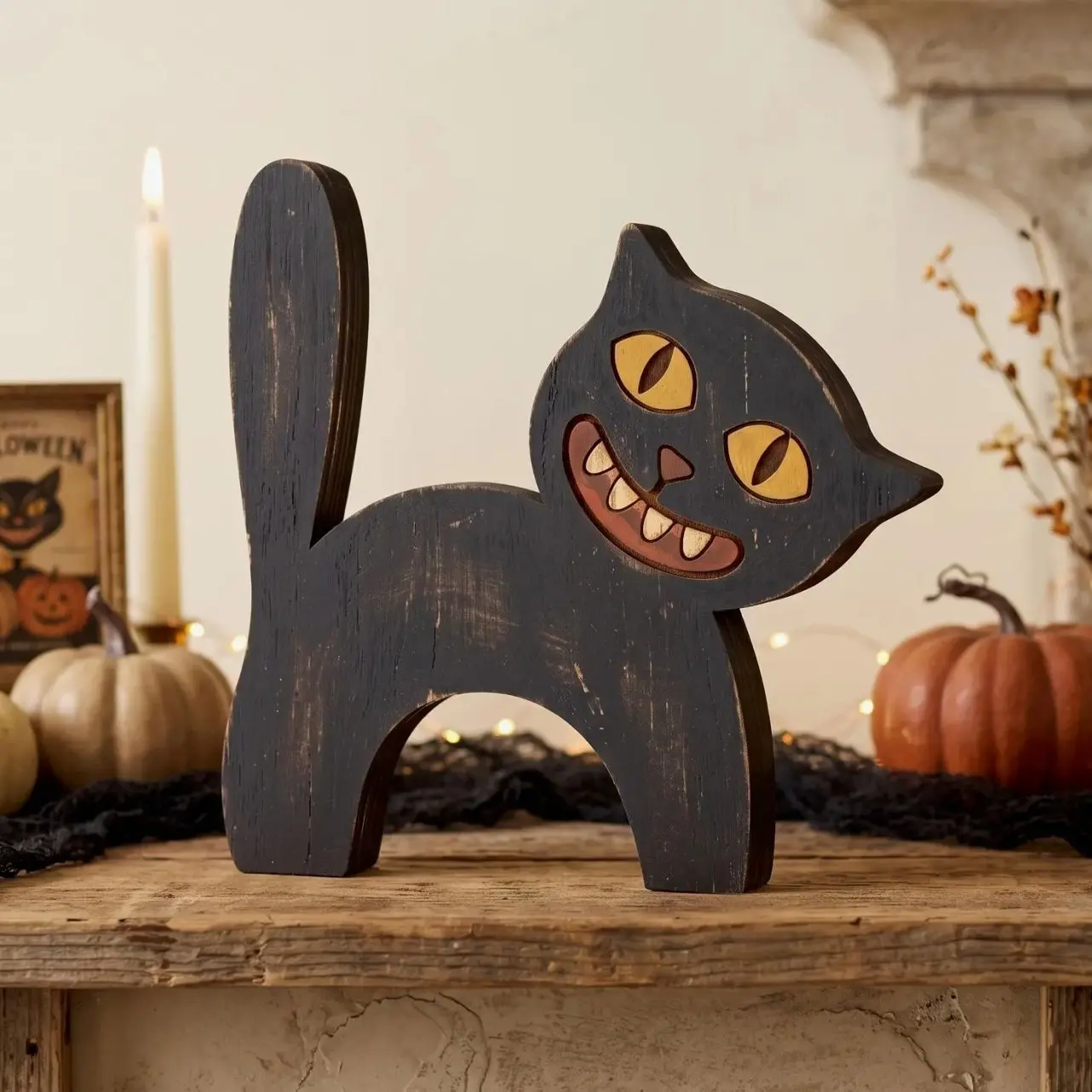 Vintage Halloween Decor Indoor, Retro Wooden Block for Shelf Decor,  Black Cat Halloween Decor, 90s Halloween Decorations, Housewarming Gift