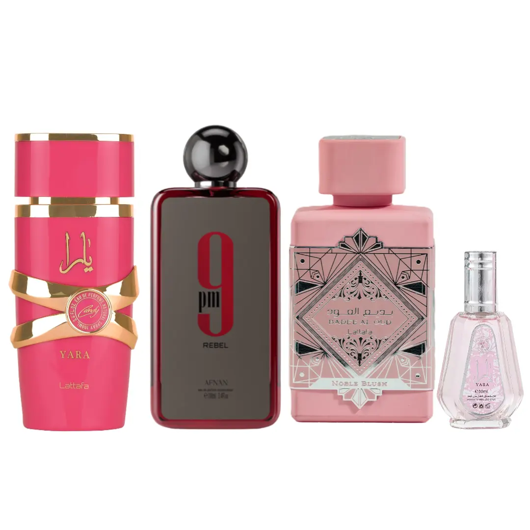 Lattafa Gender-Neutral EDP Spray Fragrance Multi-Pack Gift Bundle - 9PM REBEL, YARA CANDY, BADEE AL OUD PINK, YARA (50ML + 3.4oz/100ML) Blueberry Juicy Fruit-Flavored Fragrance Set, Juicy Fragrance Sets