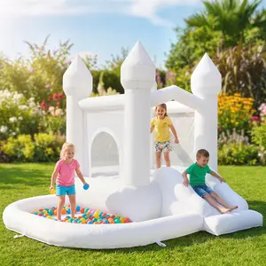 3-in-1 White Castle Inflatable Bounce House for Kids Ages 3-8, with Slide, Ball Pit, 370W Blower – Outdoor Trampoline Accessory