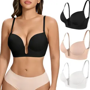 Womens Low Back Bra Wire Lifting Deep U Shaped Plunge Backless Bra with Convertible Clear Straps Multi-Way Use Bras for Wedding Party Daily Wear Elegant Fit