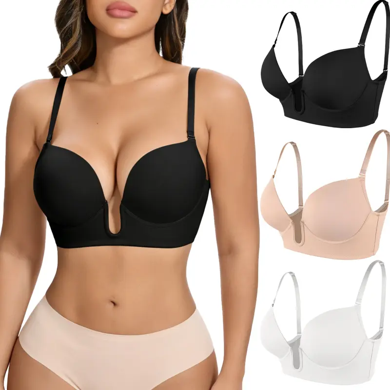 Womens Low Back Bra Wire Lifting Deep U Shaped Plunge Backless Bra with Convertible Clear Straps Multi-Way Use Bras for Wedding Party Daily Wear Elegant Fit