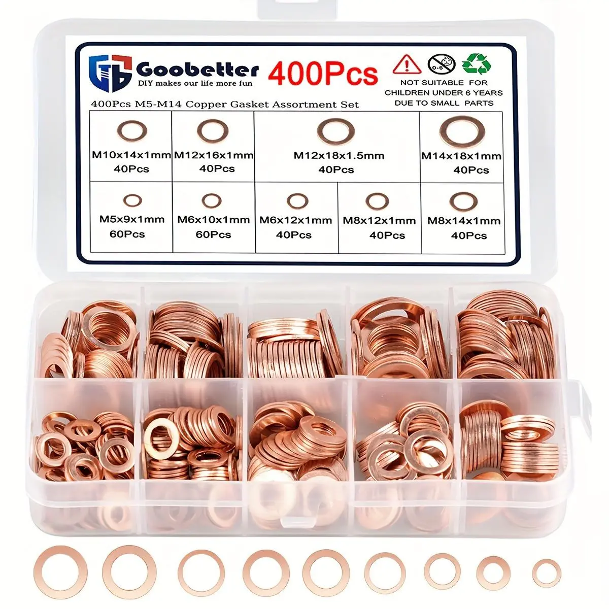 Metric System Copper Gasket Crush Seal Flat Ring Washers - Heat-Resistant, Oil Leakage Prevention, Tighter Sealing, 9 Sizes (M5-M14), 400-Piece Set for Automotive Oil Pan Plugs, Easy Storage & Use