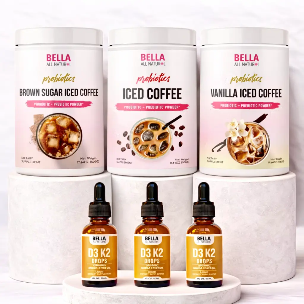 Bella All Natural Probiotics Iced Coffee Trio + D3 K2 Drops 3-Pack