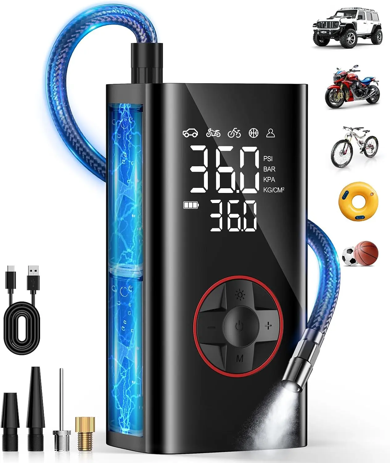 Tire Inflator Portable Air Compressor - Air Pump For Car Tires with Digital Pressure Gauge, LED Light and Auto Shut-Off Function - Cordless Pump for Car, Motorcycle, Bicycle, Ball(FCC/CE)