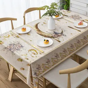 Elegant Base Gold Crescent Floral Geometric Print Tablecloth, Stain-Resistant, Perfect for Ramadan Iftar, Home Gatherings, Tea Time