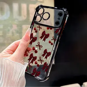 Compatible with Phone Case iPhone 17 Pro Max 16 15 Plus Air 14 13 12 11 E Cherry Bows Pattern Transparent Full Coverage Four Corners Anti-drop Casing