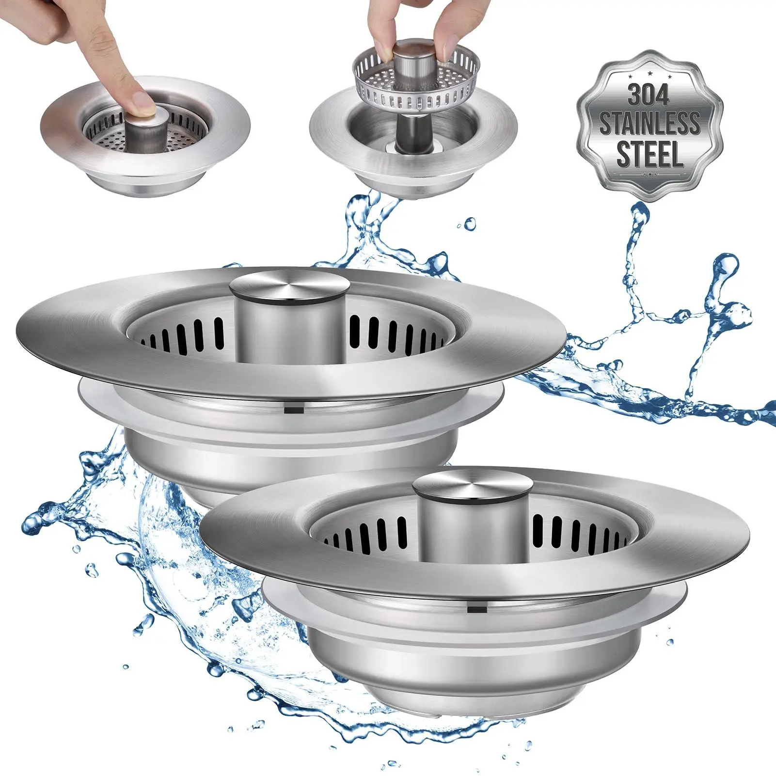 3-in-1 Stainless Steel Kitchen Sink Strainer Stopper - Durable Food Catcher Plug with Filter Basket, Removable Rubber Design, Fits 3-1/2 in Standard Hole, Anti-Clogging Drain Cover for Home & Bathroom Use, Kitchen Sink Stopper, Multi-Function