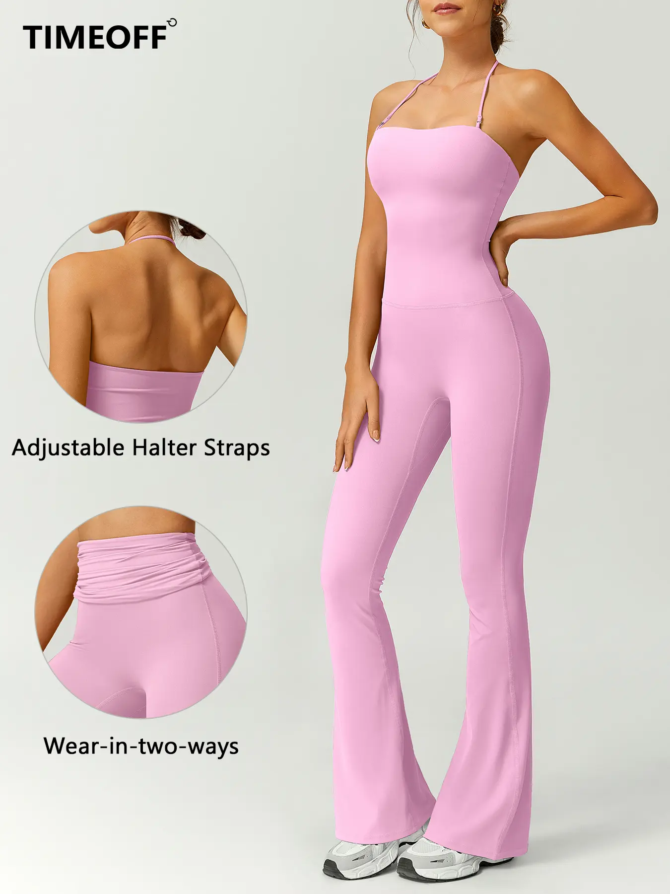 TIMEOFF Women's Athleisure Halter Jumpsuit, Solid Color Flared Leg Workout Activewear with Butt Lifting & Tummy Control, Athleisure Style, Workout Jumpsuit, Stretchable Activewear, Solid Color Jumpsuit