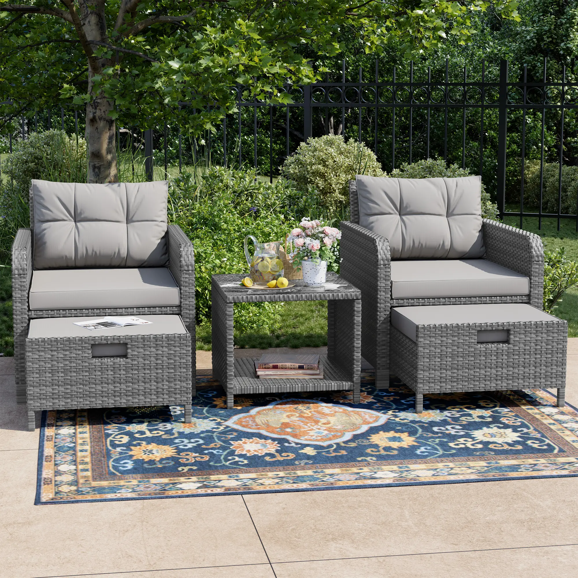Summervibes Handmade PE Rattan Outdoor 5-Piece Set | All-Weather Durable + Storage Side Table + High-Elastic Waterproof Cushions, Suitable for Courtyard / Balcony