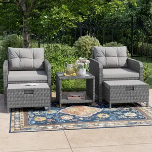 Summervibes Handmade PE Rattan Outdoor 5-Piece Set | All-Weather Durable + Storage Side Table + High-Elastic Waterproof Cushions, Suitable for Courtyard / Balcony