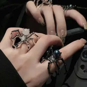 2Pcs Spider Open Ring with Moonstone, Punk Dark Style Adjustable Rings, Perfect for Girls and Women