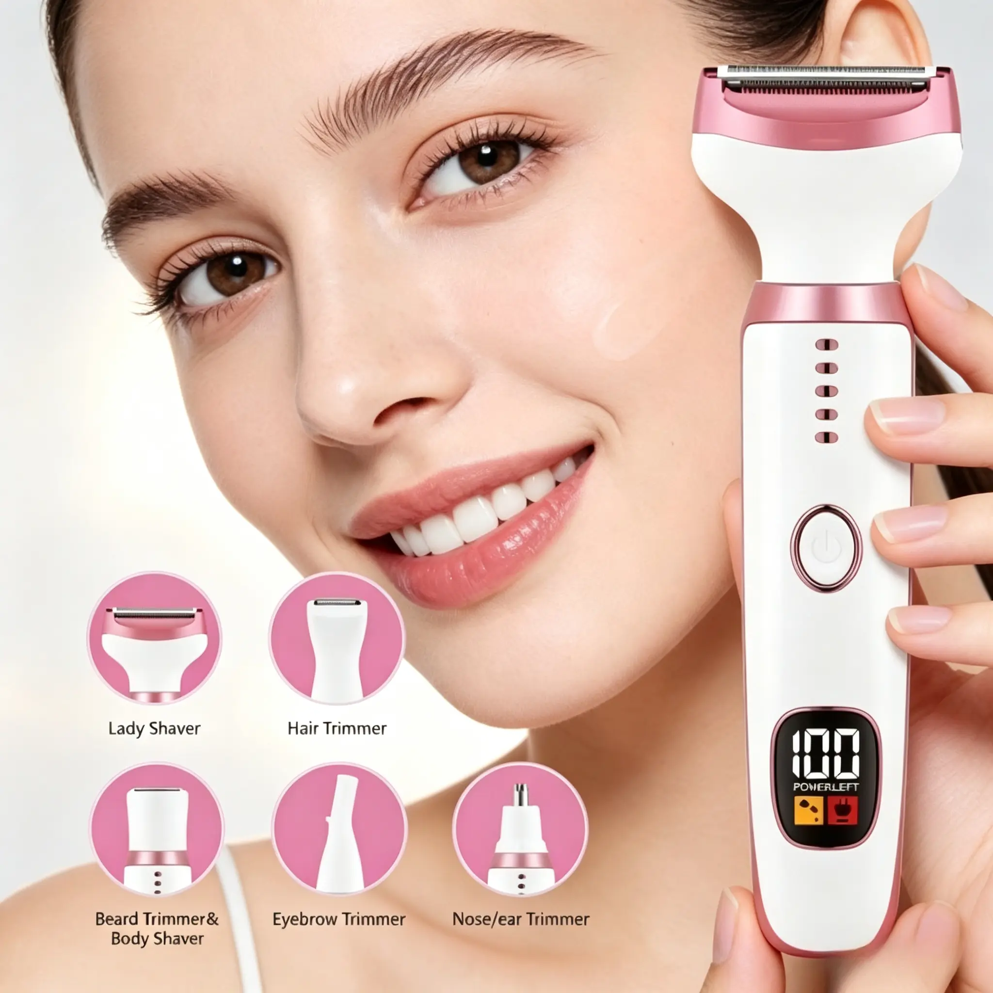 5-in-1 Electric Hair Remover for Women, Digital Display USB Rechargeable Gentle Grooming Kit for Face, Eyebrow, Bikini, Nose & Full Body