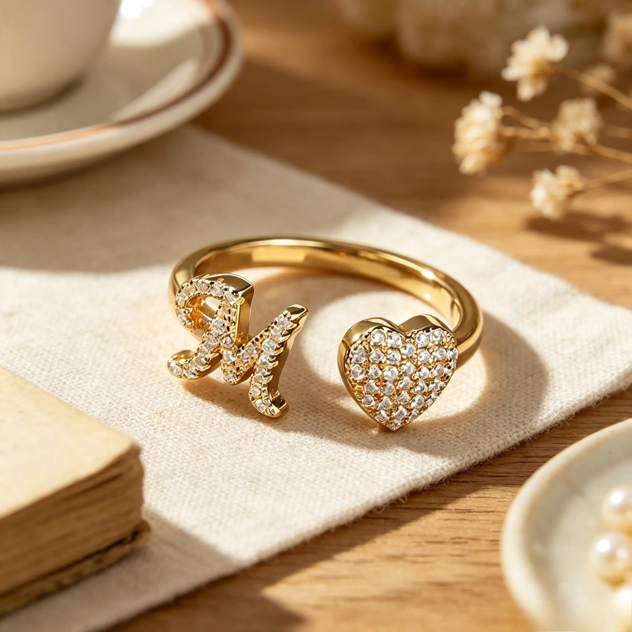 Women's Personalized Initial Heart Open Ring - 26 A-Z Alphabet, Pave CZ Diamond, Adjustable Gold Silver, Stackable Fashion Statement Jewelry Gift