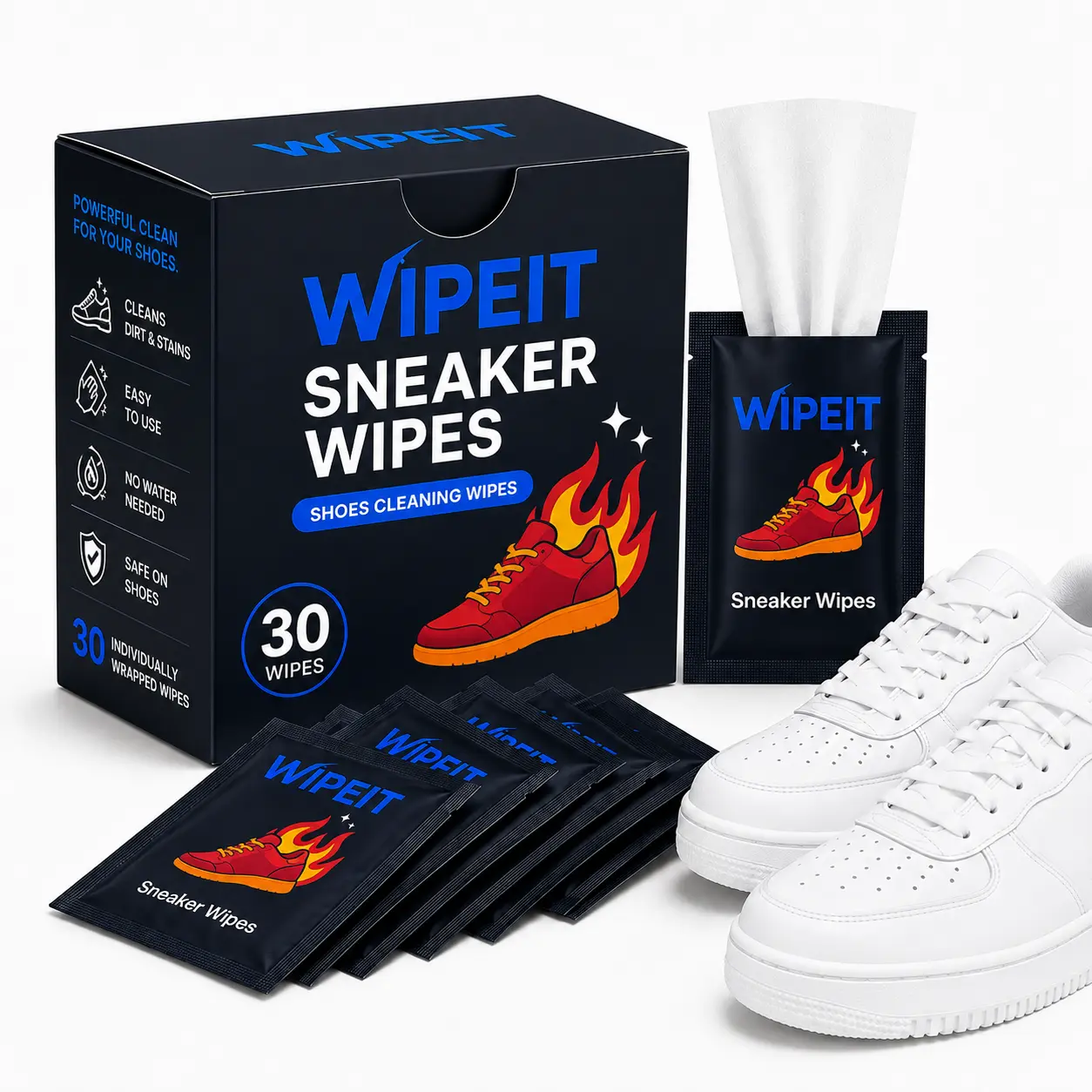 Shoe & Sneaker Cleaner Wipes - 30 Individually Wrapped Footwear Wipes, Sport-Shoe Friendly, Travel Size, Safe for Canvas, Rubber, Leather, Mesh & Knit, Cleans Everyday Dirt for School, Work & Athletes