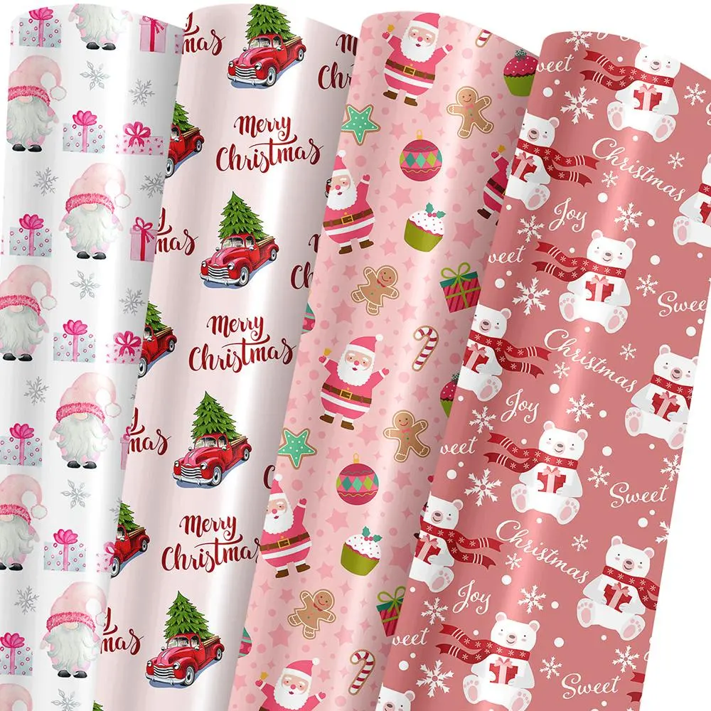 Pink Gift Wrapping Paper - Glossy Finish, Vibrant Print, Advanced Printing, 28×40 in Jumbo Size, 6 Folded Kids Product Sets (Santa, Gnomes, Christmas Trees, Rustic Red Trucks, Polar Bear) for Holiday Season, Easy to Store