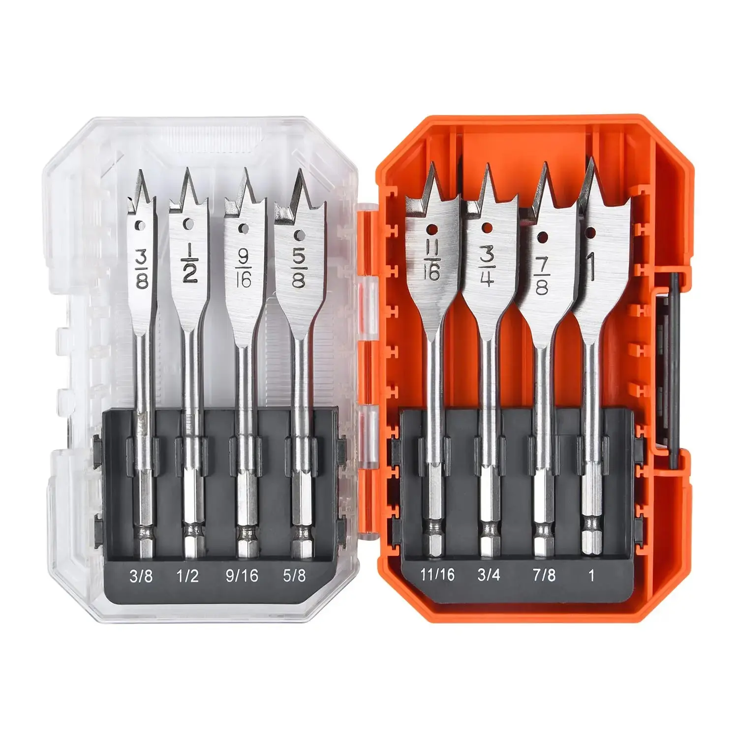 Spade Drill Bits Set, Paddle Flat Bits 3/8 Inch to 1 Inch for Wood, Plastic, Aluminum Hole Cutting with Tough Case 8-Piece, Heavy Duty, Metal Bits
