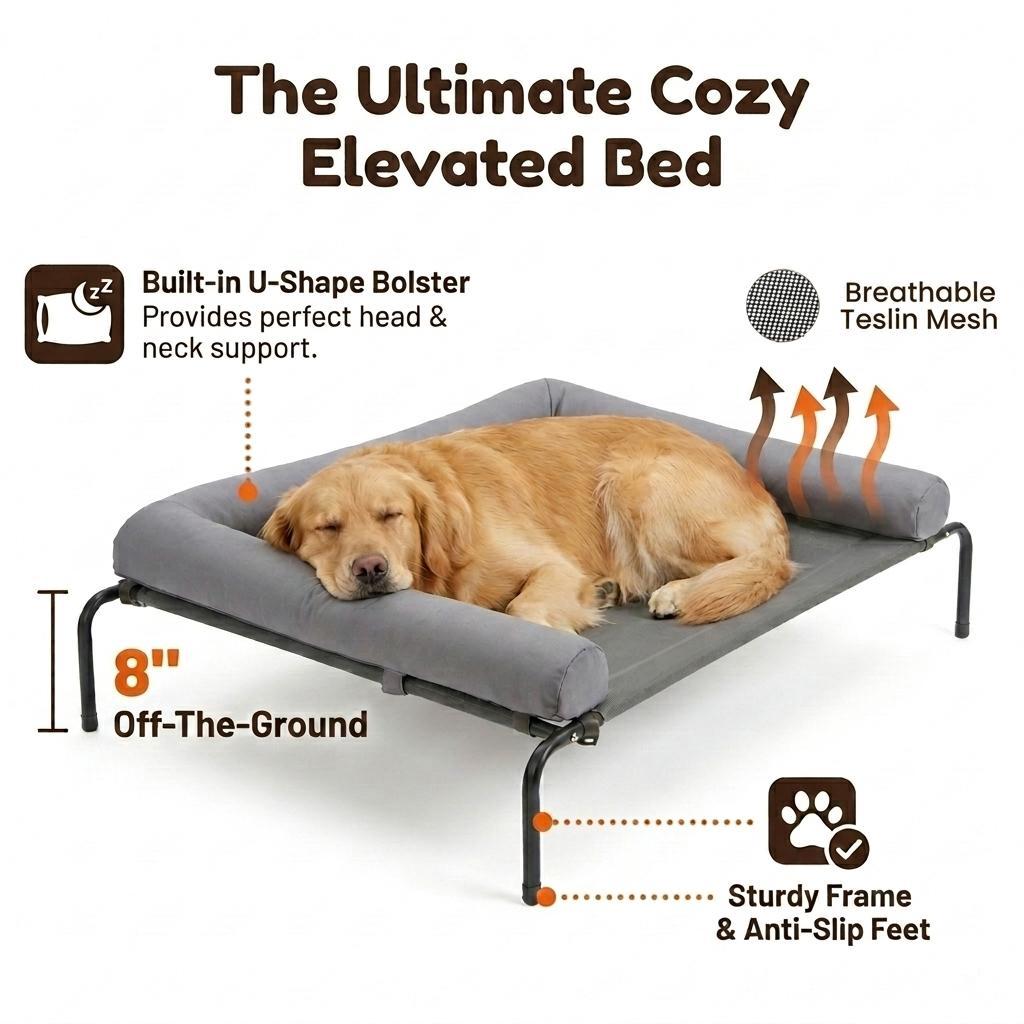 Elevated Cooling Dog Bed Raised Dog Cots Beds for Large Dogs, Summer Outdoor Dog Bed for Large Dogs, Chew Proof Portable Cooling Pet Cot Skid-Resistant Feet, Frame with Breathable Mesh