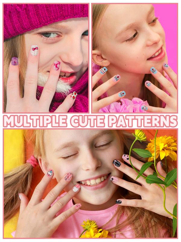 Kalolary 144PCS kids False Nail, Press on Pre-glue Full Cover Candy Pattern Short False Nail Kits,6Pack Press on Nails for Candy Child Nail Tips ,Holiday Gifts Lovely Gift for Kids Little Girls Nail Art Decoration Mommy & Me Valentine Nails Kit