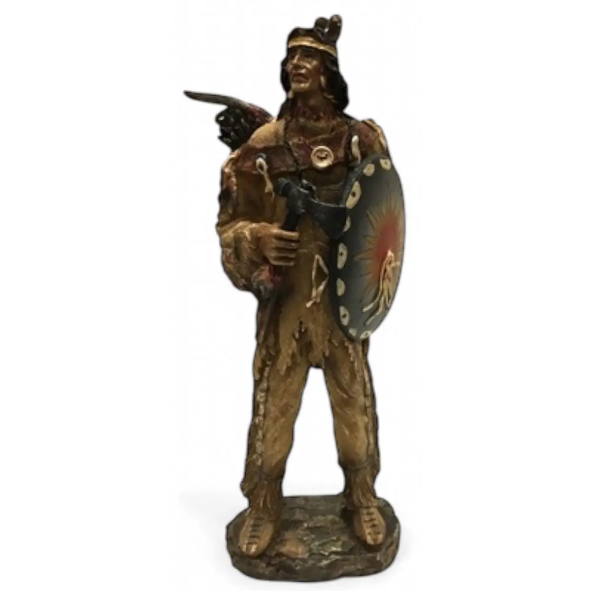 10.5in Collectible Native American Warrior Figurine - Native Theme Decor Person with Feather Band, Hatchet, Shield, and Quiver