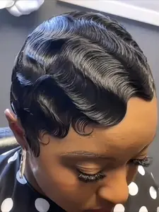 Finger Wave Pixie Cut Wig for Women Curly Wave Wig Full Machine Made Human Hair Wig 150% Density 6 Inch