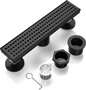 12 Inch Linear Shower Drain, Black Rectangular Floor Drain with Accessories Square Hole Pattern Cover Grate Removable 304 Stainless Steel CUPC Certified