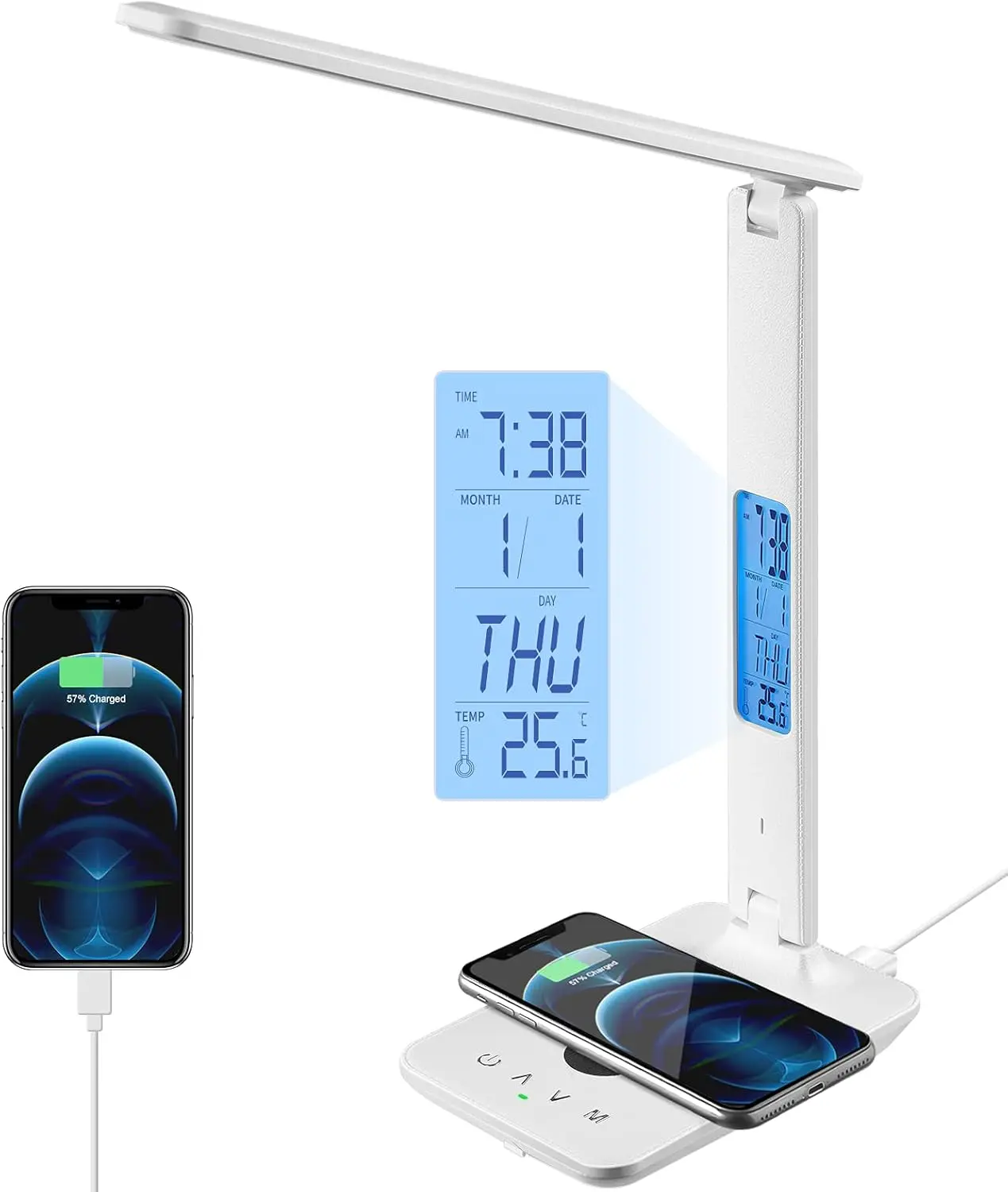 LED Desk Lamp with  Charger, USB  Port, Office Table Lamp with Clock, , Date, Temperature for  Office, White