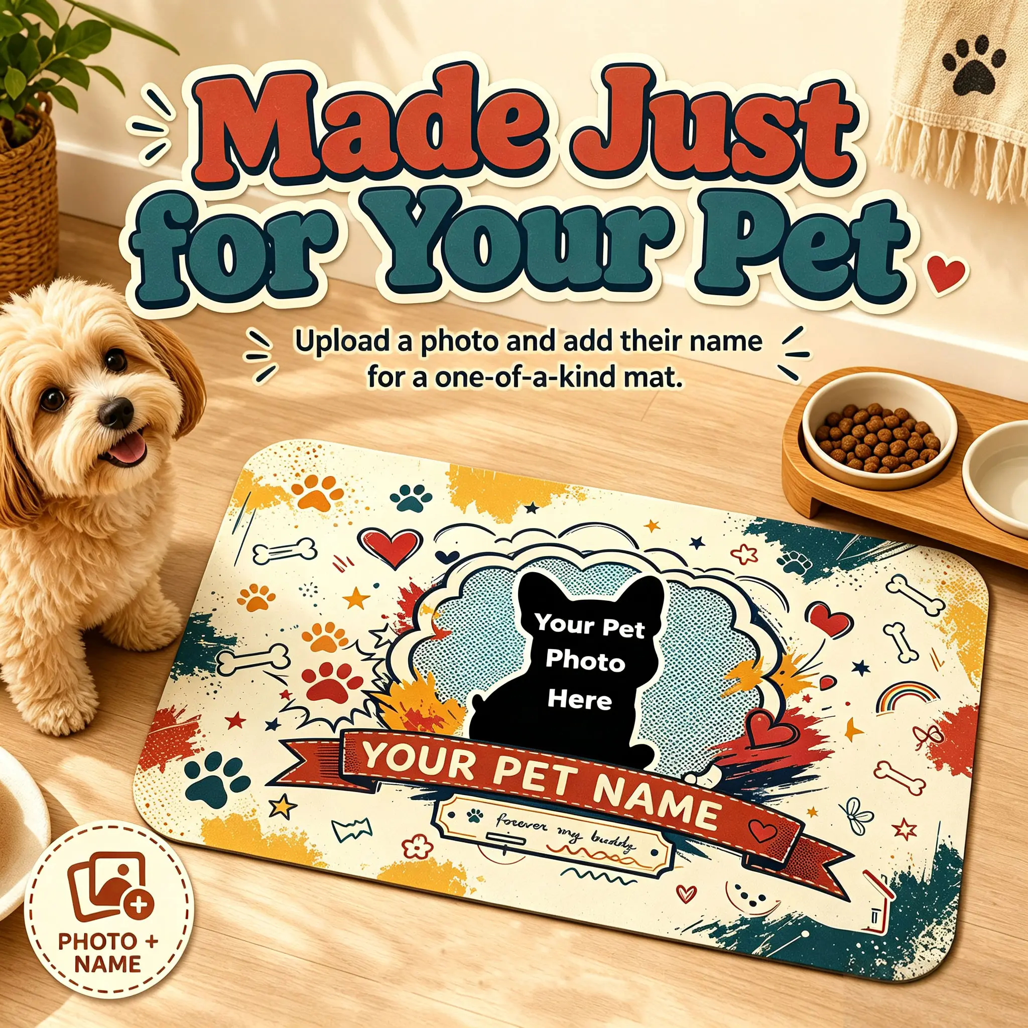 Personalized Custom Pet Feeding Mat with Photo & Name - Send Pet Picture & Name via Message, Absorbent, Non-Slip Rubber Back, Quick Dry Diatomite Mat for Dog & Cat Food Water Bowls, Floor Protection, 3 Sizes, Raised