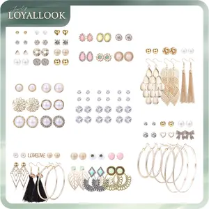 LOYALLOOK 61-63 Pairs Assorted Multiple Stud Earrings for Women Simple Cute Flower Big Hoop Earrings Moon Geometric Leaf Arrow Bow CZ Ball Heart Faux Pearl Earrings Set