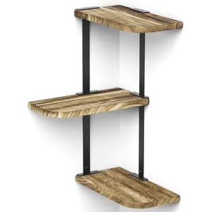 Corner Shelf Wall of 3 Tier Rustic Wood Floating Shelves for Bedroom Living Room Office and More Carbonized Black