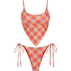 Red Gingham Hanky Hem Cinched Tied Back Tie Side Tankini Set