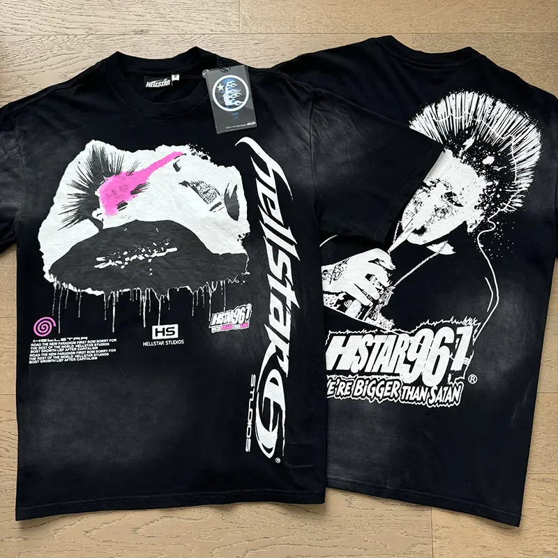 Hellstar Punk Rock Guitarist Graphic T-Shirt, Distressed Musician Portrait Front with Mohawk Performance Back Print, Heavy Cotton Washed Black Loose Tee for Men Women, Vintage 90s Streetwear Fashion Accessories