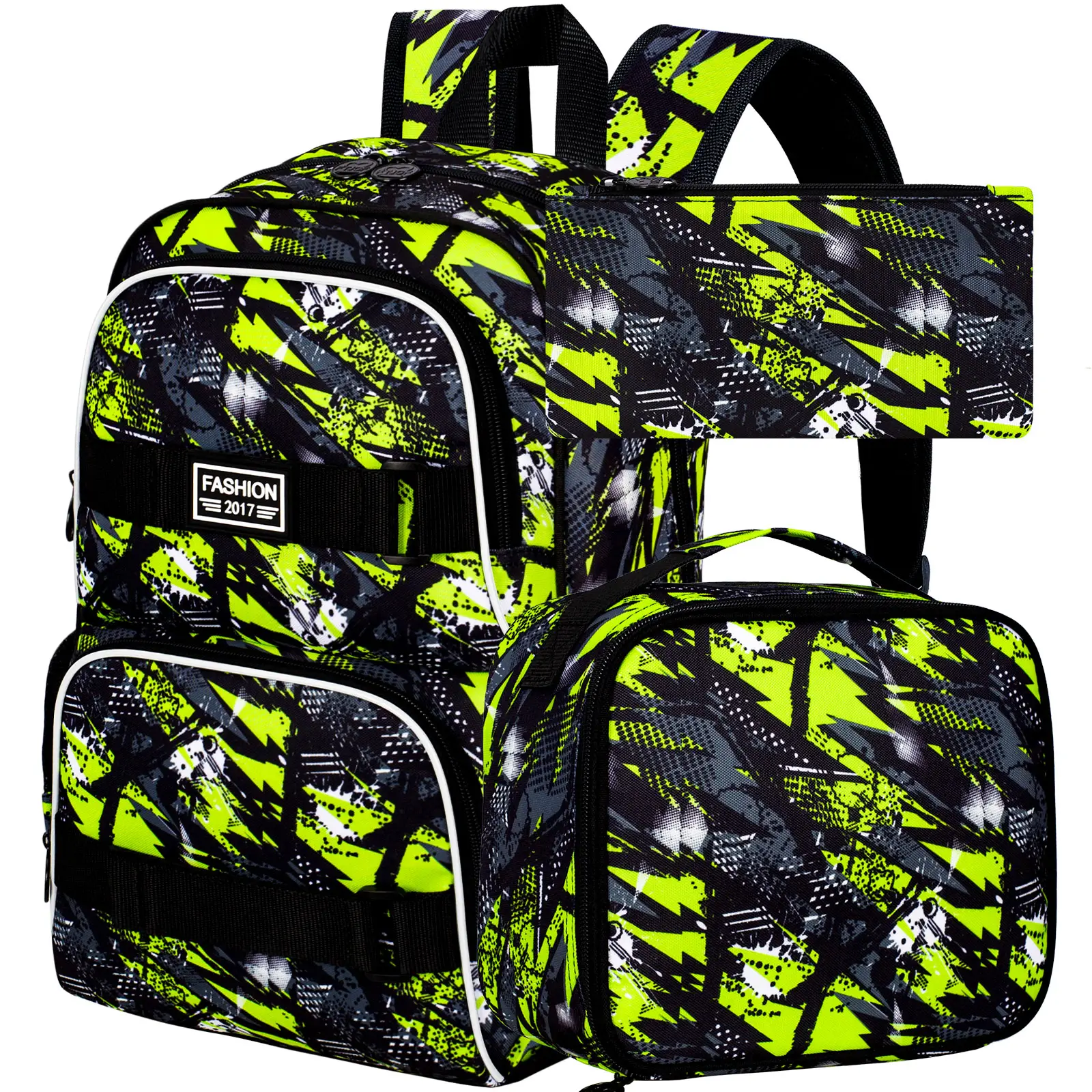 3Pcs Boys Backpack, 17 Inches School Bookbag with Lunch Box, Graffiti Laptop Backpacks Set for Teens College Students(Green)