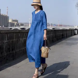 Spring Summer New Cotton Linen Dress Women Vintage V-Neck 3/4 Sleeve Loose Fit Elegant Casual Midi Maxi Dress
