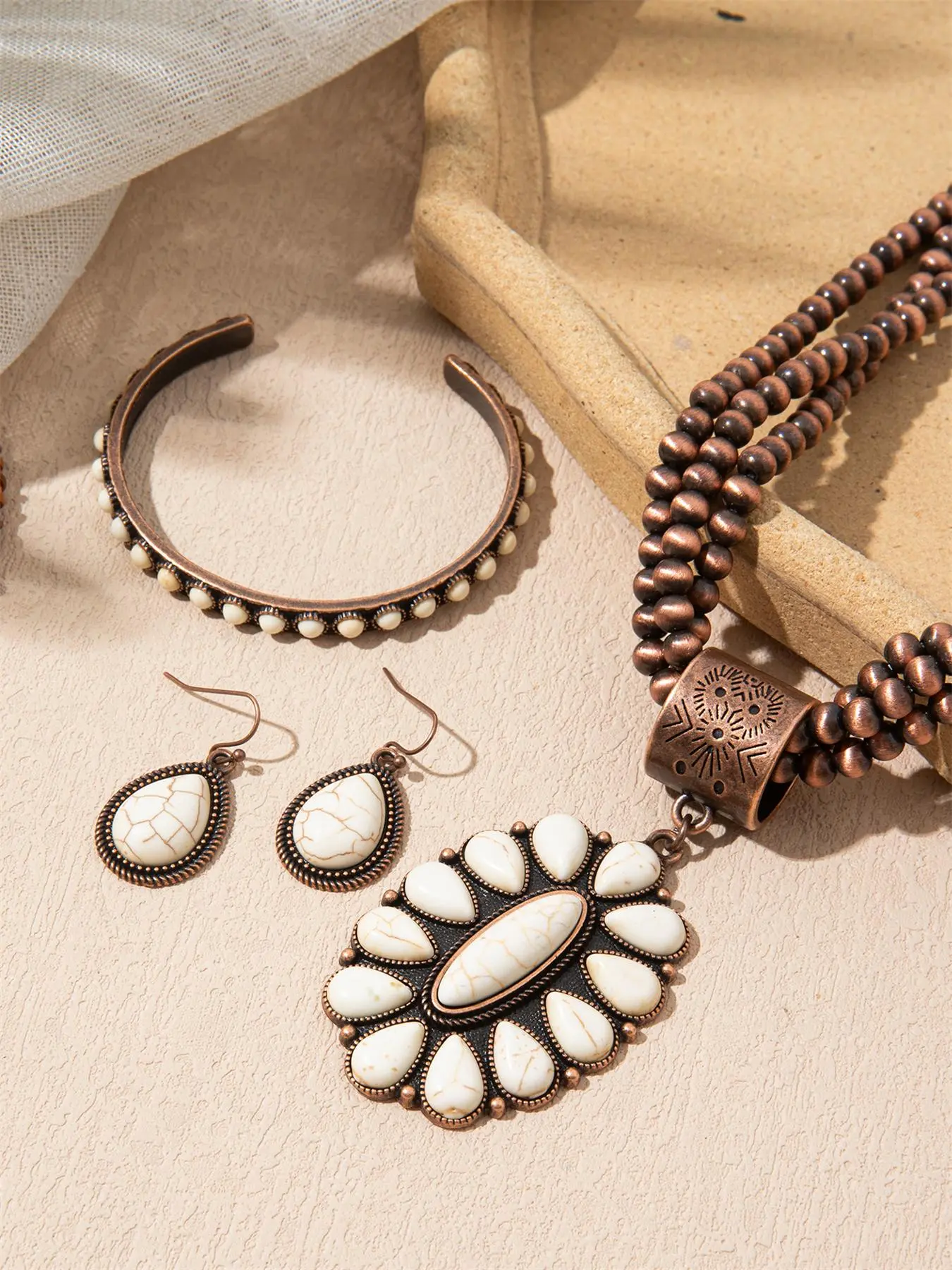 Boho Style Beaded Copper Jewelry Set, Vintage Necklace & Dangle Earrings & Bracelet, Fashion Jewelry Accessories for Women, Ideal Gifts, Elegant Matching Jewelry Set