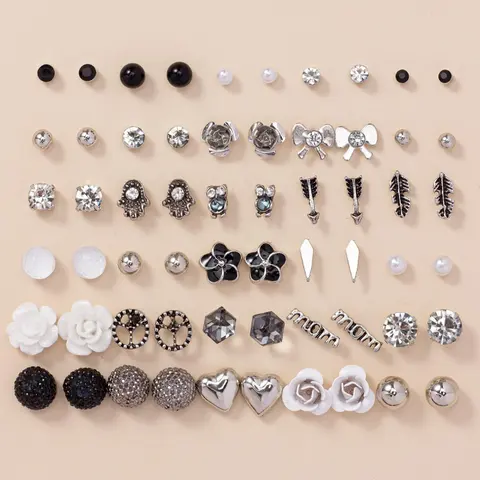 30 Pairs Fashionable Rhinestone & Faux Pearl Decorated Stud Earrings, Earring Set, Bow & Heart Design Earrings for Women & Girls, Jewelry Gift for Anniversary & Birthday