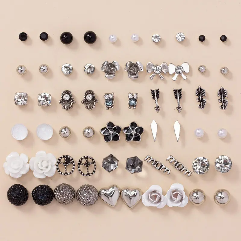 30 Pairs Fashionable Rhinestone & Faux Pearl Decorated Stud Earrings, Earring Set, Bow & Heart Design Earrings for Women & Girls, Jewelry Gift for Anniversary & Birthday