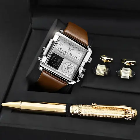 FEICE Men's 50mm Oversized Square Dial Business Quartz Watch - Calf Skin Leather Strap, Luminous Triple-Movements, Bold Digital, 9-Level Glass, 30M-50M Water-Resistant, Calendar, Clasp, Men's Fashion Accessory, Unique Birthday/Dad Gift