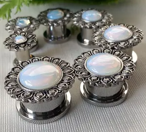 PAIR Flower w/ Opalite Center Steel Screw Fit Tunnels Gauges Plugs Body Jewelry