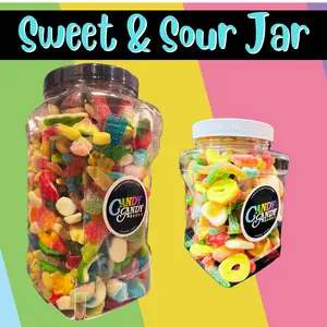 Sweet & Sour Jar - Assorted Gummy Mix - Sweet/Sour Candy Snack - Refillable Jar - animals, rings. bottles, drops, gummy bears and much more!