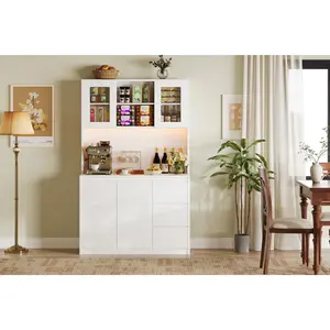 71" Pantry Cabinet with LED Lights & Charging Station, Kitchen Storage Hutch with Adjustable Glass Door Shelves,Storage Hutch with Microwave Shelf, Led Lights and Charging Station,Corner Pantry Cabinet for Kitchen